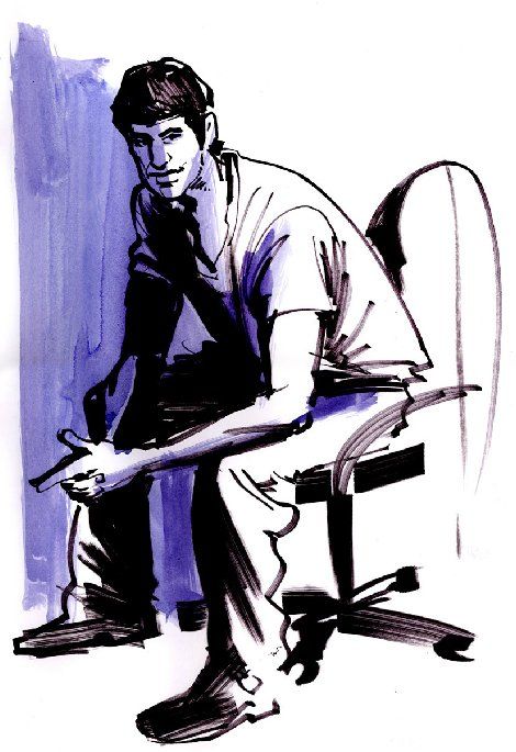 A black and white drawing of a man sitting on a chair