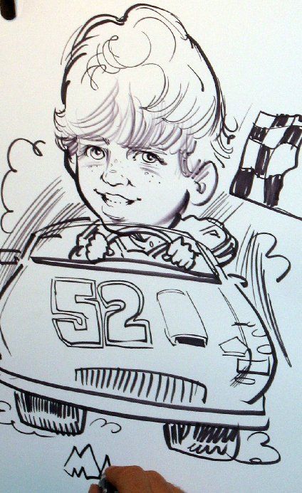 A drawing of a boy in a car with the number 52 on it