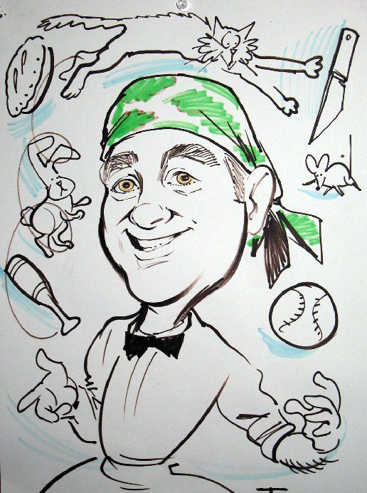 A black and white drawing of a man wearing a green bandana