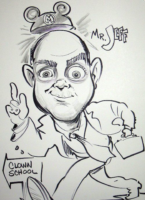A black and white drawing of mr. jeff from the clown school