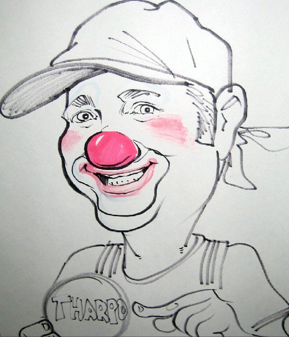 A black and white drawing of a clown with the word tharpo on his shirt