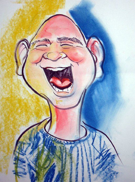 A drawing of a man laughing with his mouth open