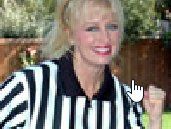 A woman is wearing a black and white striped shirt.