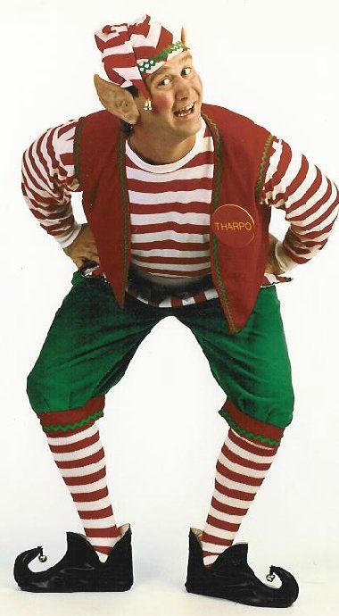 A man dressed as an elf is standing with his hands on his hips