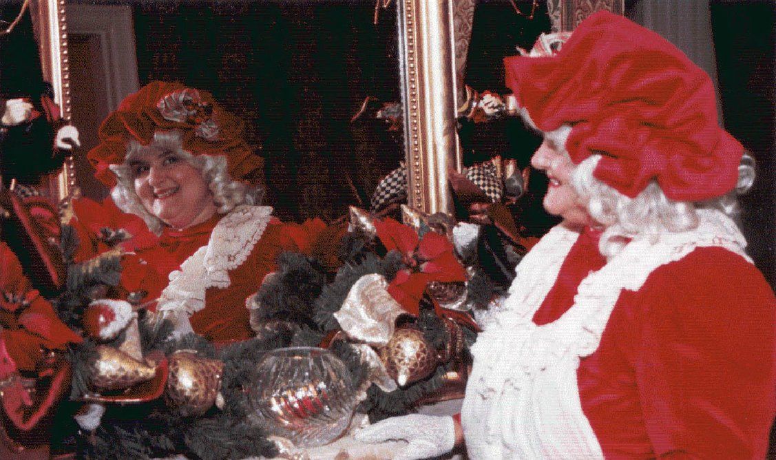 A woman dressed as santa claus is standing in front of a mirror.