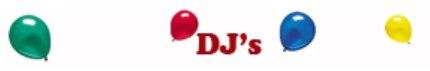 The word dj 's is on a white background with balloons