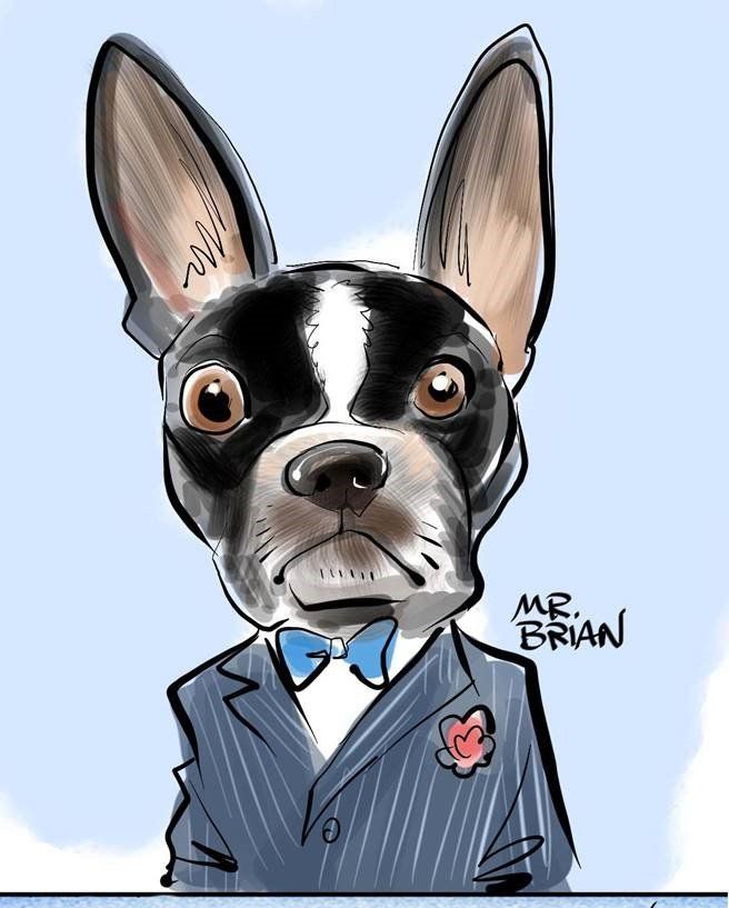 A cartoon of a dog wearing a suit and bow tie by mr. brian
