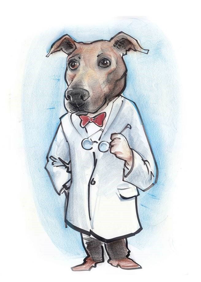 A cartoon of a dog wearing a lab coat and glasses