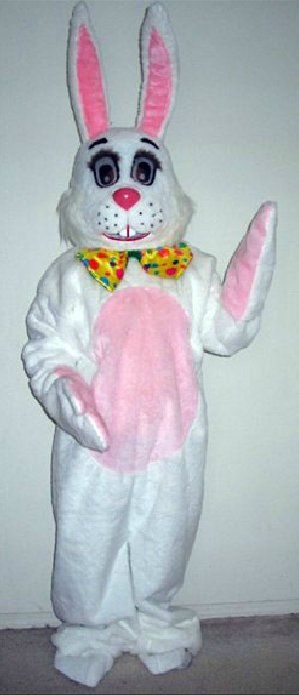 A person is wearing a white and pink bunny costume with a bow tie.