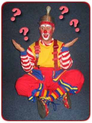 A clown is sitting in a lotus position with question marks around him