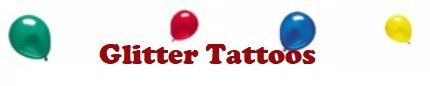 A logo for glitter tattoos with balloons in the background