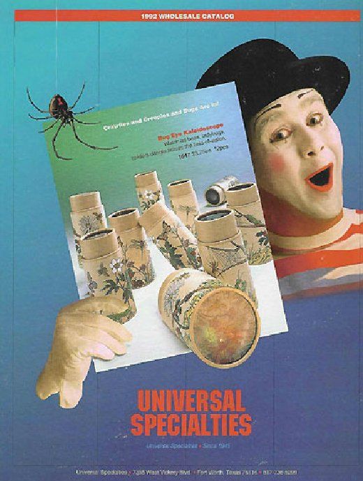 A clown is holding a book that says universal specialties