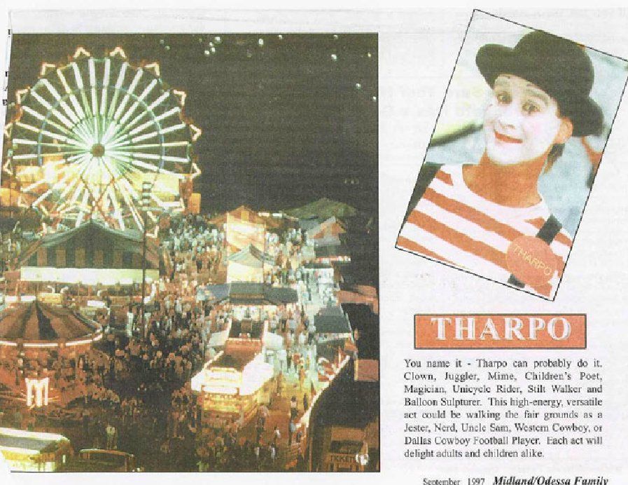 A picture of a ferris wheel and a picture of a clown named tharpo
