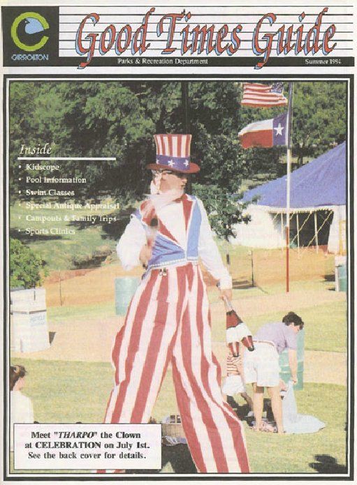 A man on stilts is on the cover of the good times guide