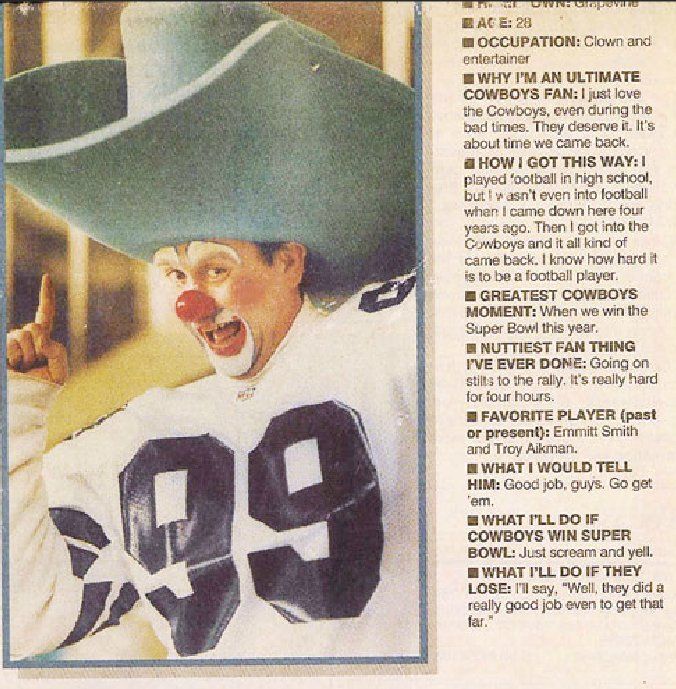 A clown wearing a cowboy hat with the number 99 on it
