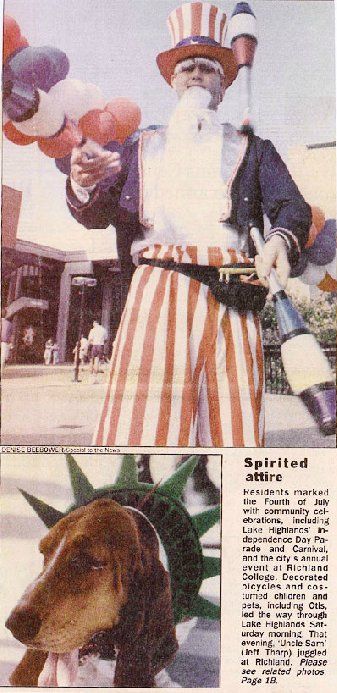 A picture of a man dressed as uncle sam and a dog with a statue of liberty collar