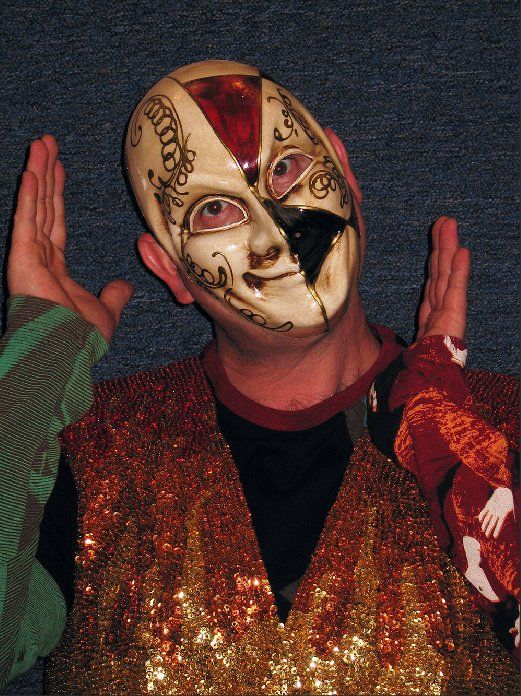 A man wearing a mask that says ' i love you ' on it