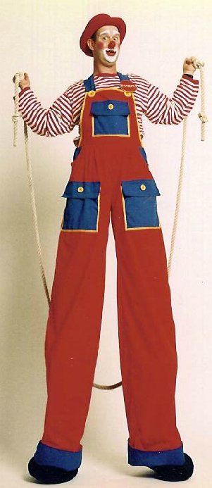 A clown on stilts is holding a jump rope
