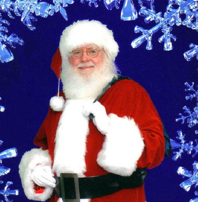 A man dressed as santa claus with snowflakes in the background