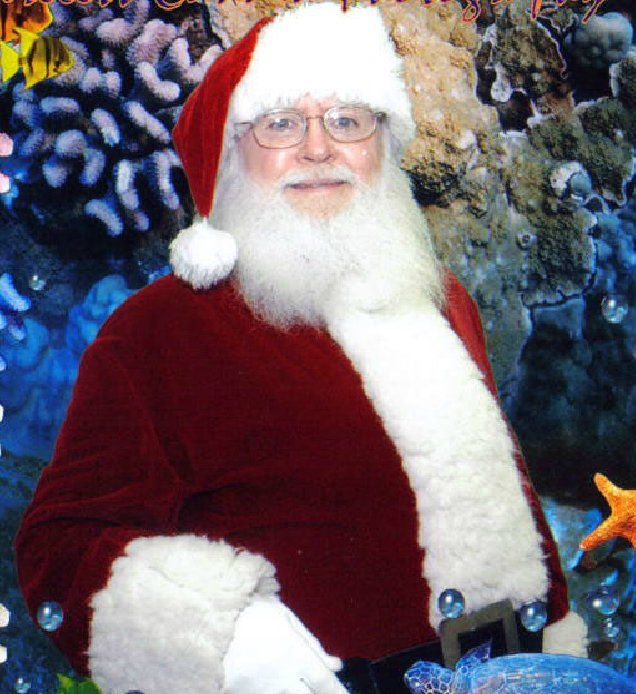 A man in a santa suit is standing in front of a coral reef