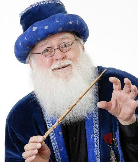 A man with a beard is wearing a blue hat and holding a wand