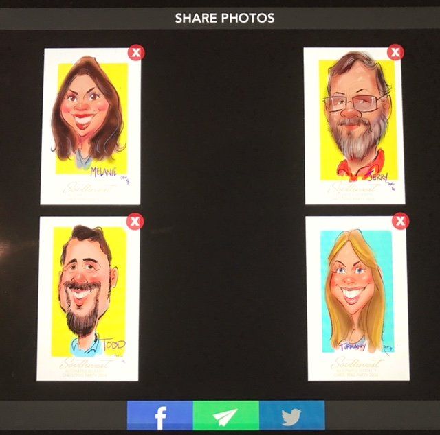 Four cartoon faces are on a screen that says share photos