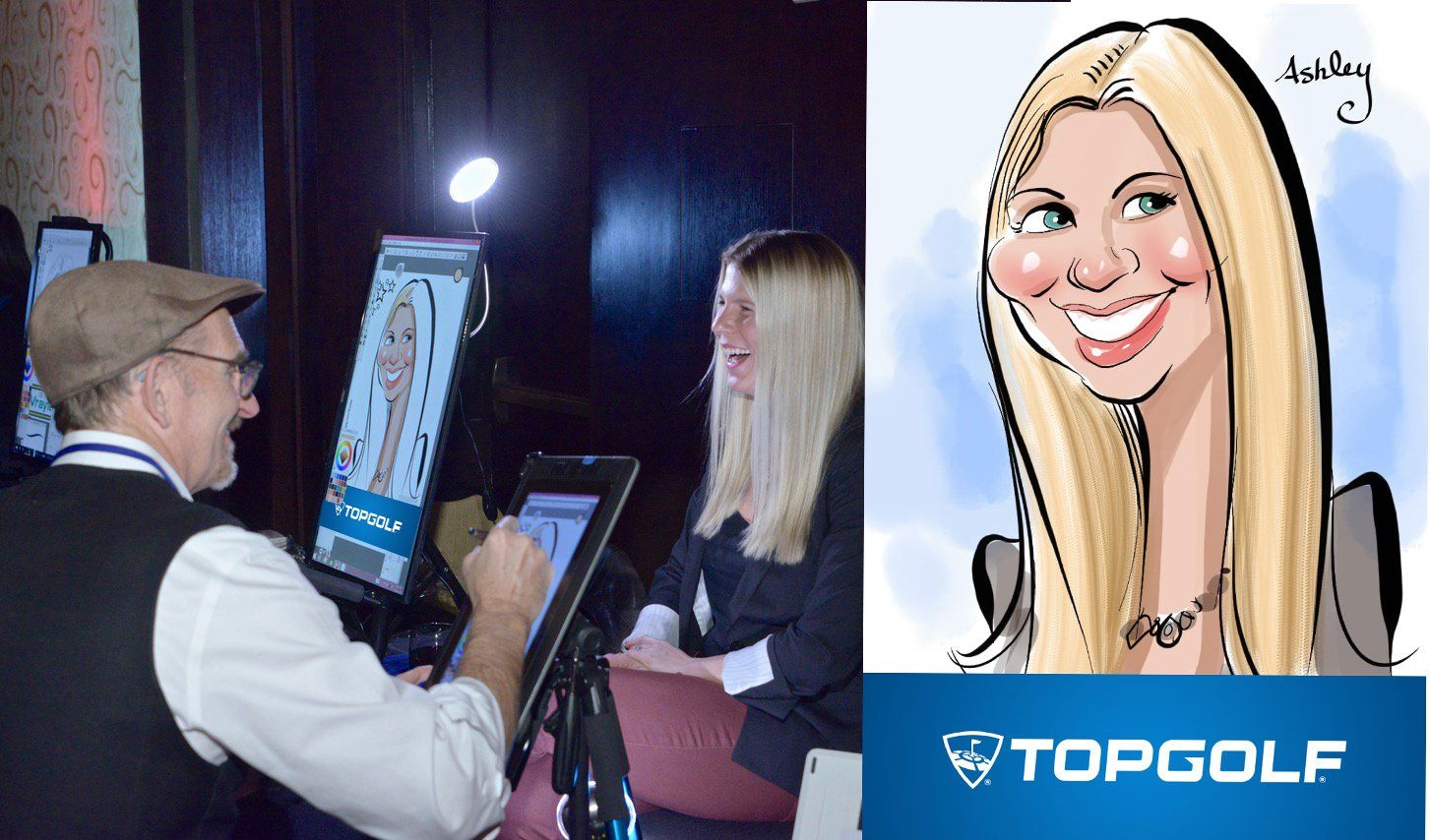 A man is drawing a caricature of a woman on a tablet.