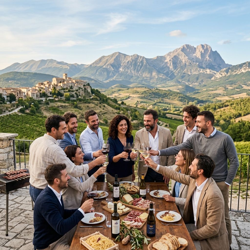team aziendale che degusta vino e prodotti tipici locali abruzzesi