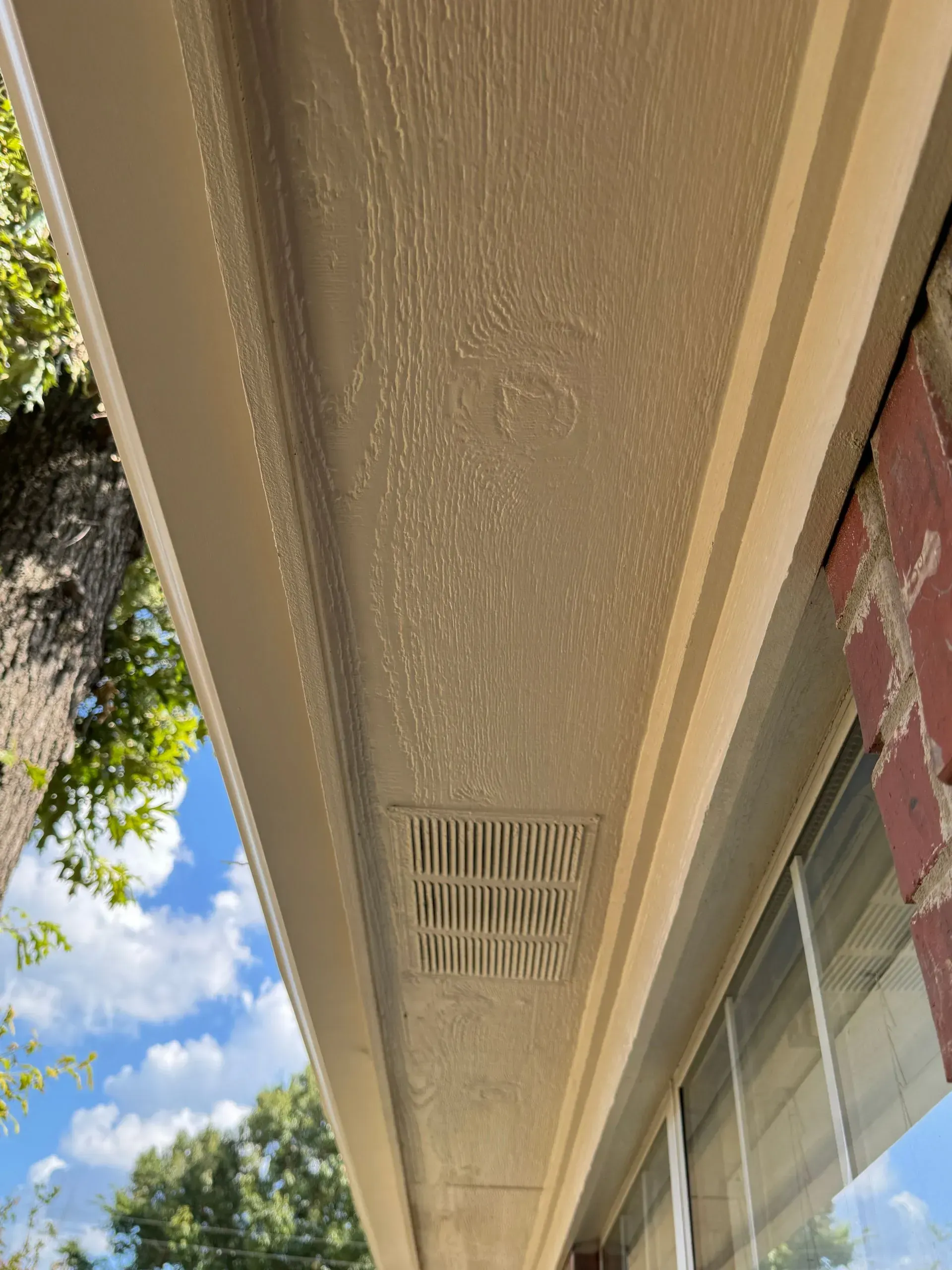 Looking up at the ceiling of a house with a tree in the background.
