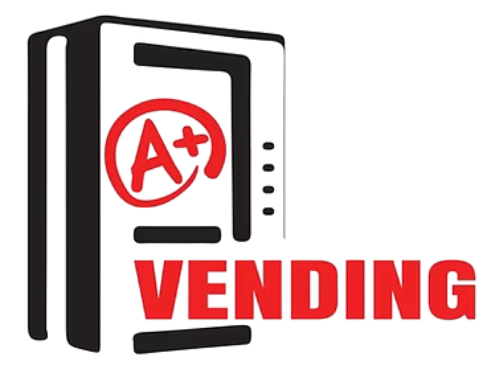 A vending machine logo with a red