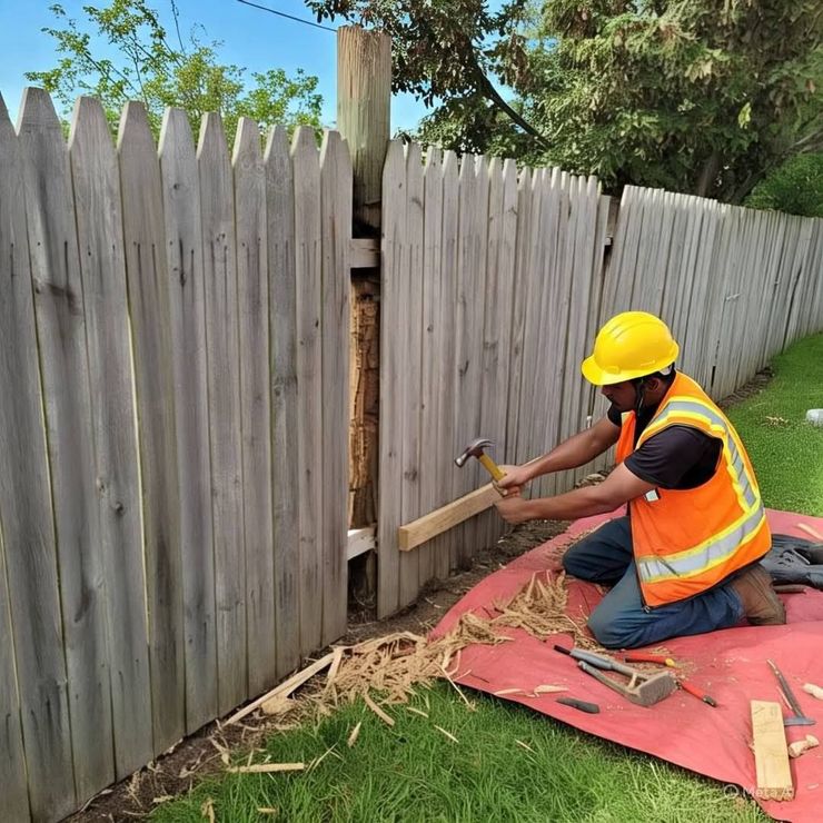 A construction worker in a safety vest and yellow hard hat kneels on a red mat, hammering a board onto a wooden fence.