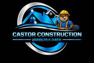 Logo for Castor Construction featuring a cartoon beaver in a hard hat holding a hammer, house silhouette, and phone number.