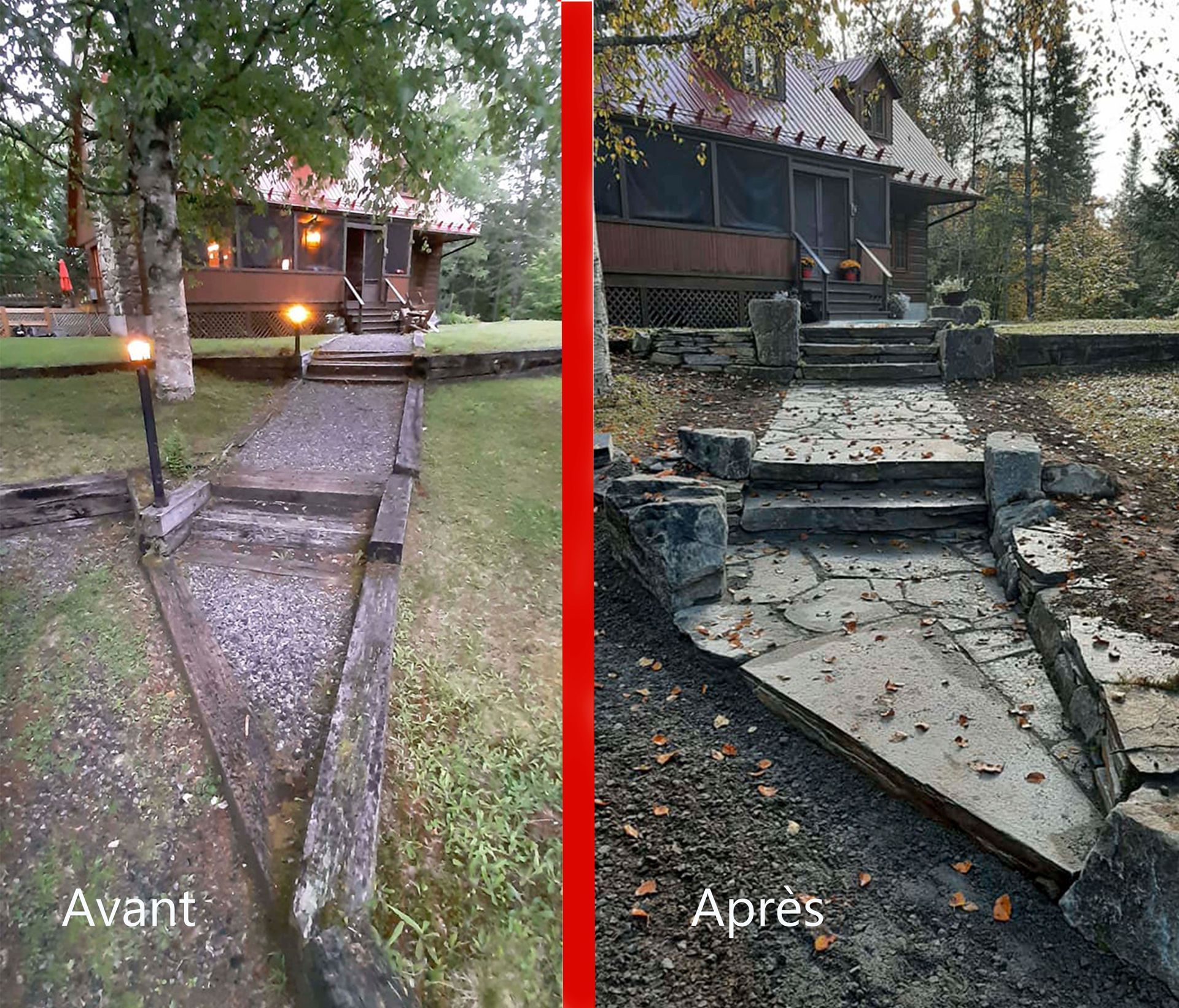 Une photo avant et après d'une allée menant à une maison