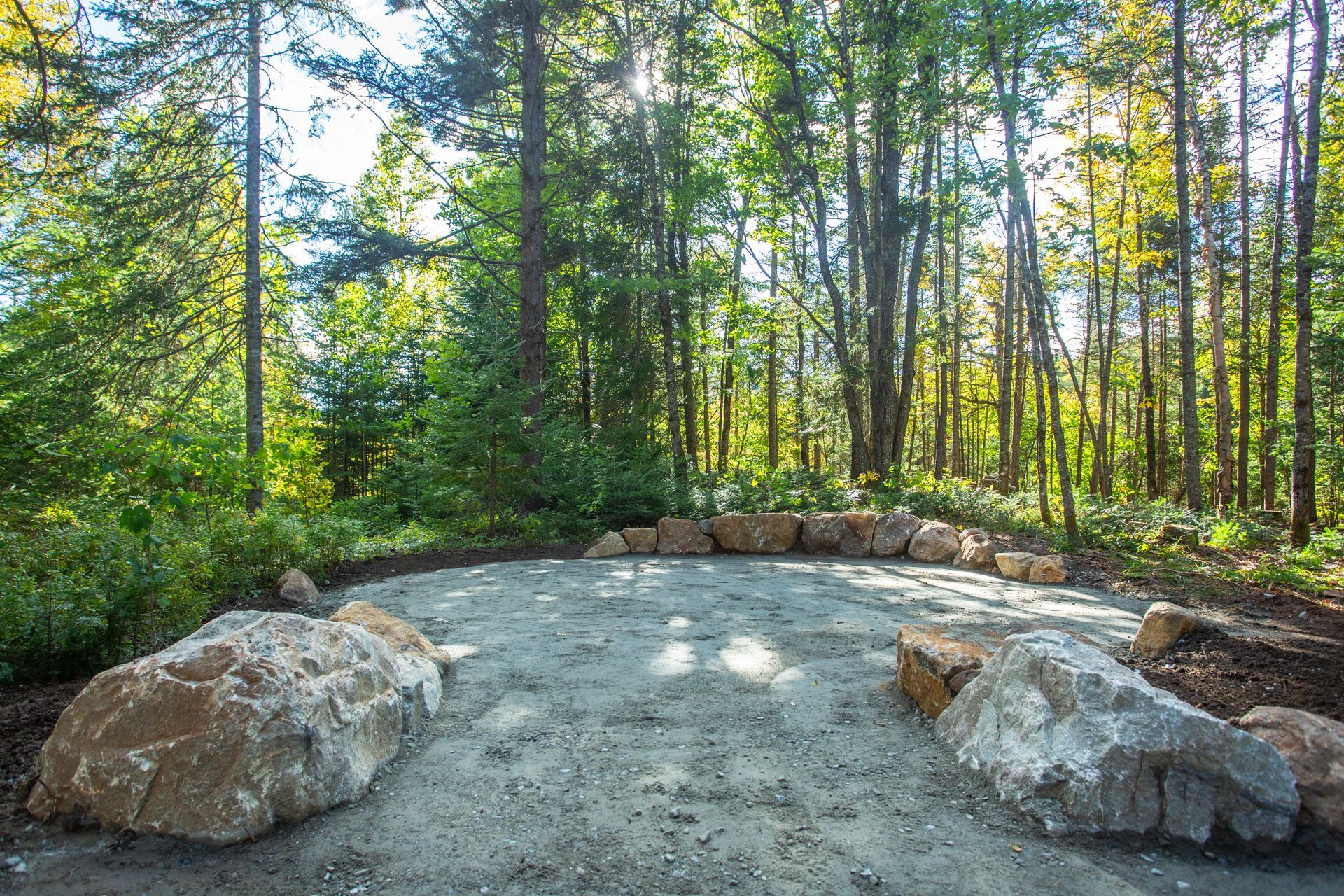 Un foyer est entouré de rochers au milieu d'une forêt.