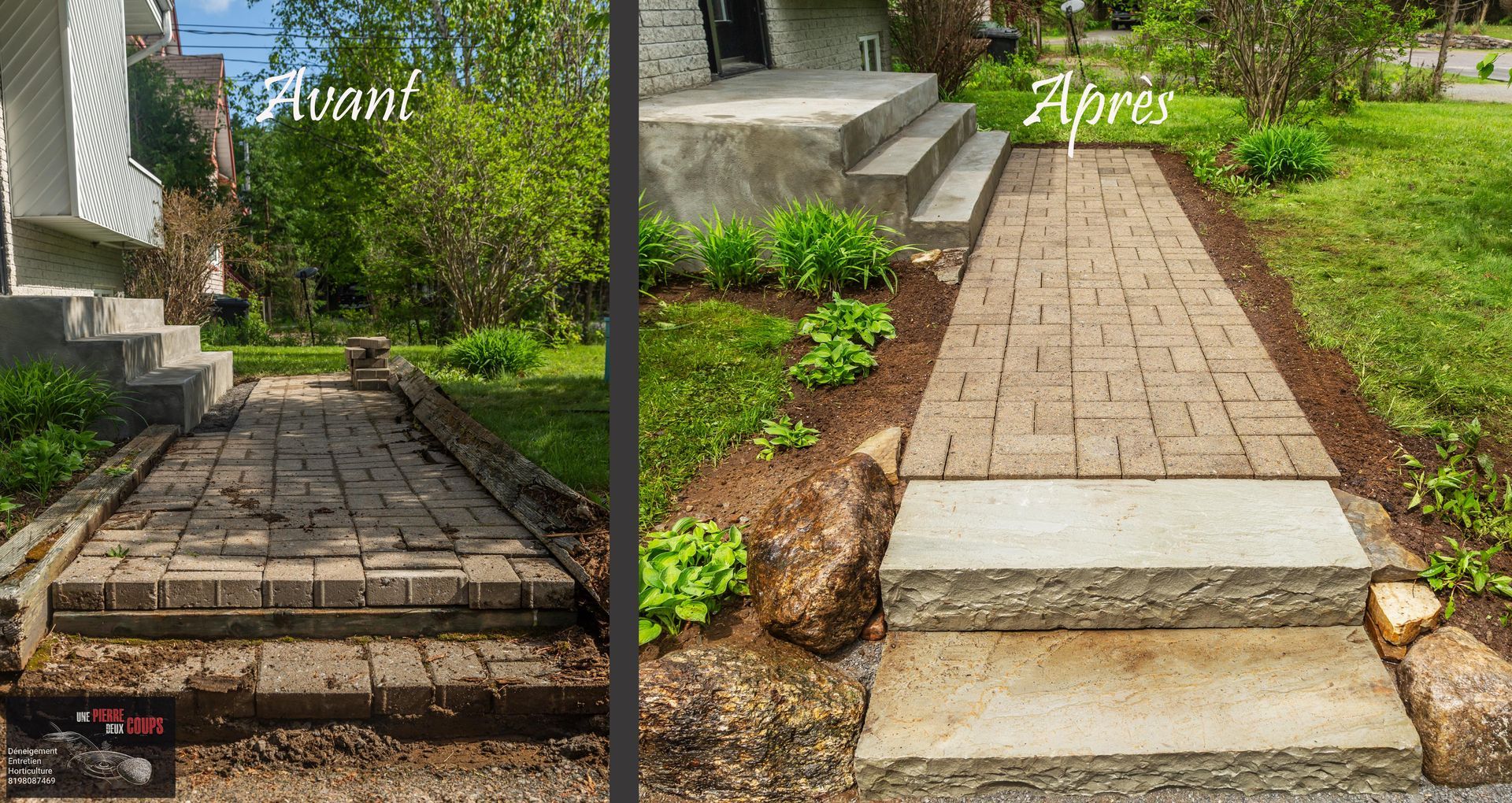 Une photo avant et après d'une allée et d'un escalier en briques.