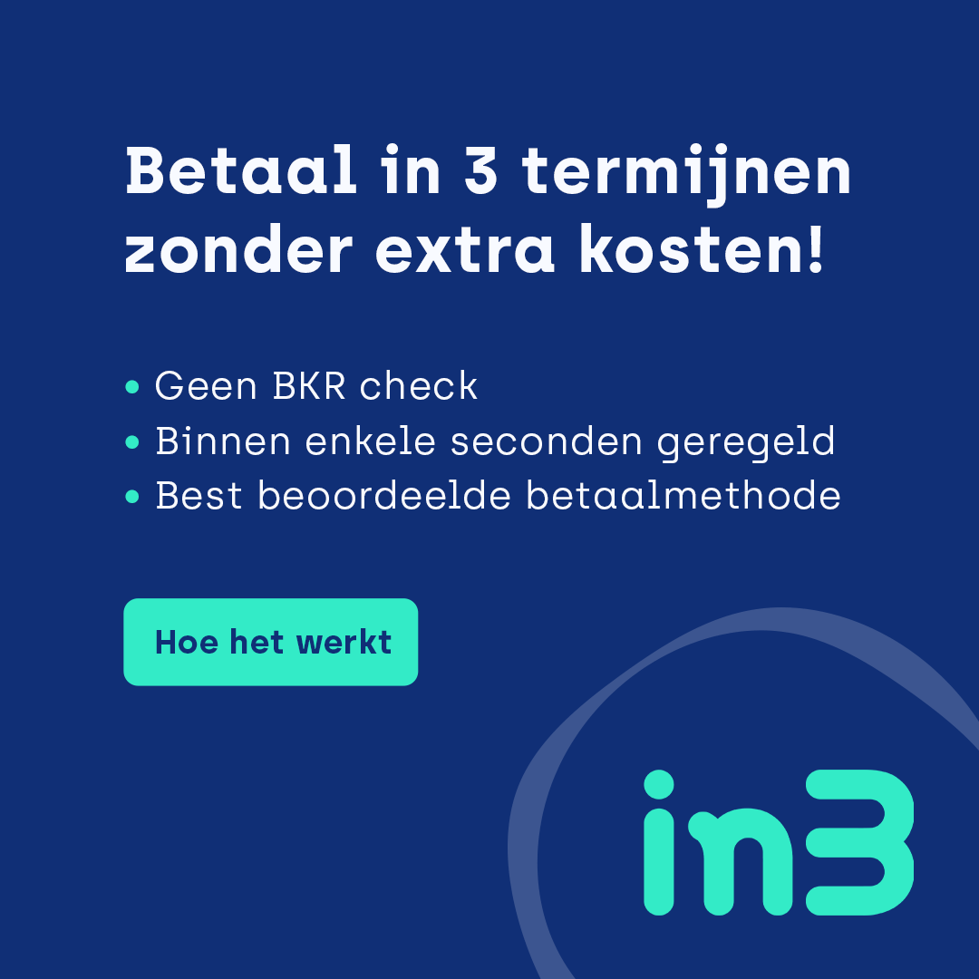A blue sign that says betaal in 3 terminen zonder extra kosten