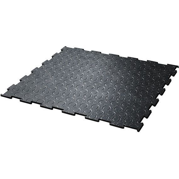 Dalles de sol en caoutchouc noires emboîtables. Chaque dalle présente un motif de petits cercles.