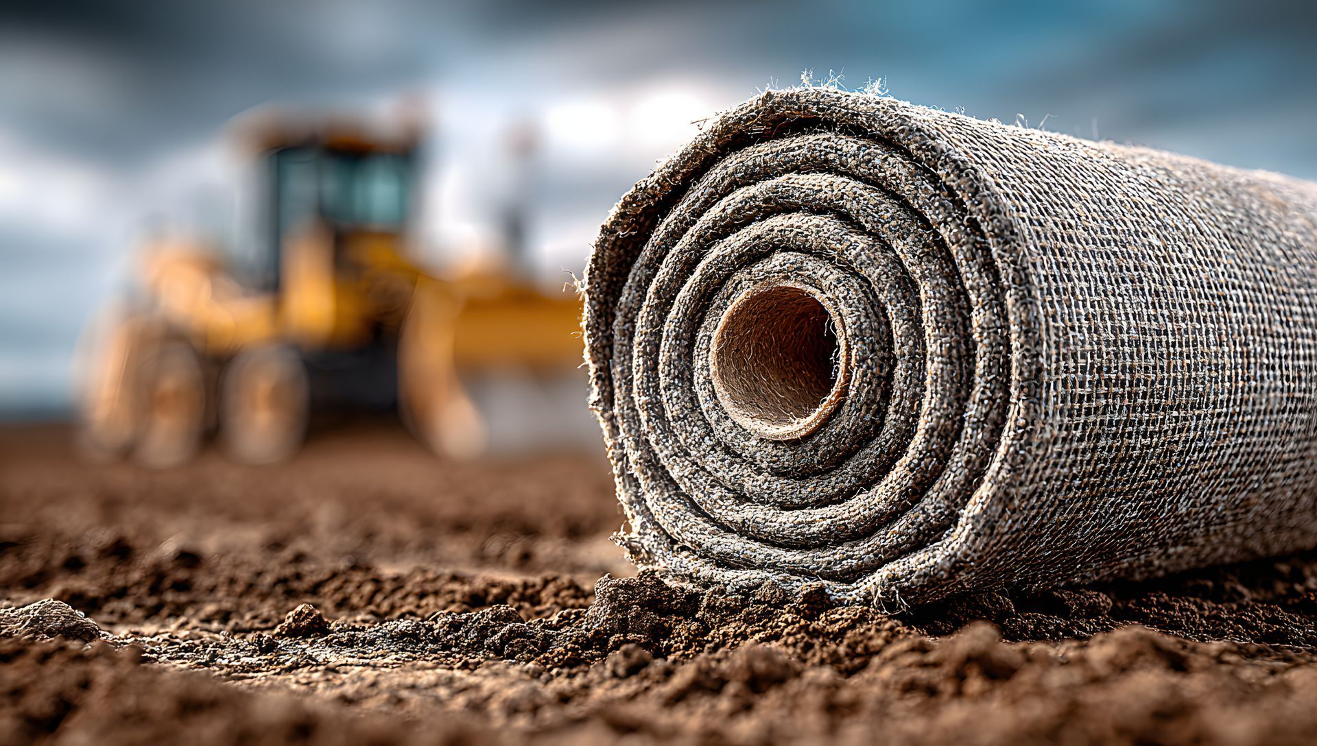 Roll of geotextile fabric on graded soil with construction equipment behind.