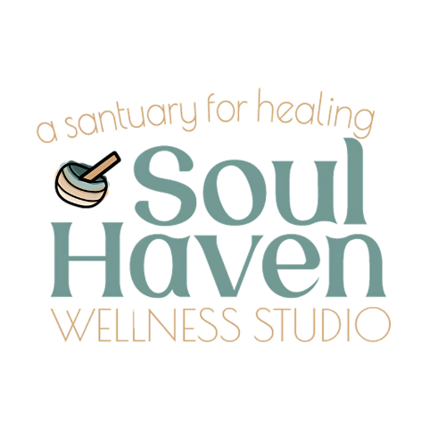 Soul Haven Wellness Studio logo with teal text and a small singing bowl icon on a white background