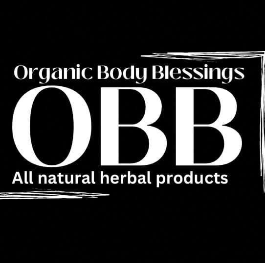 Black logo for Organic Body Blessings with large “OBB” and “All natural herbal products” text