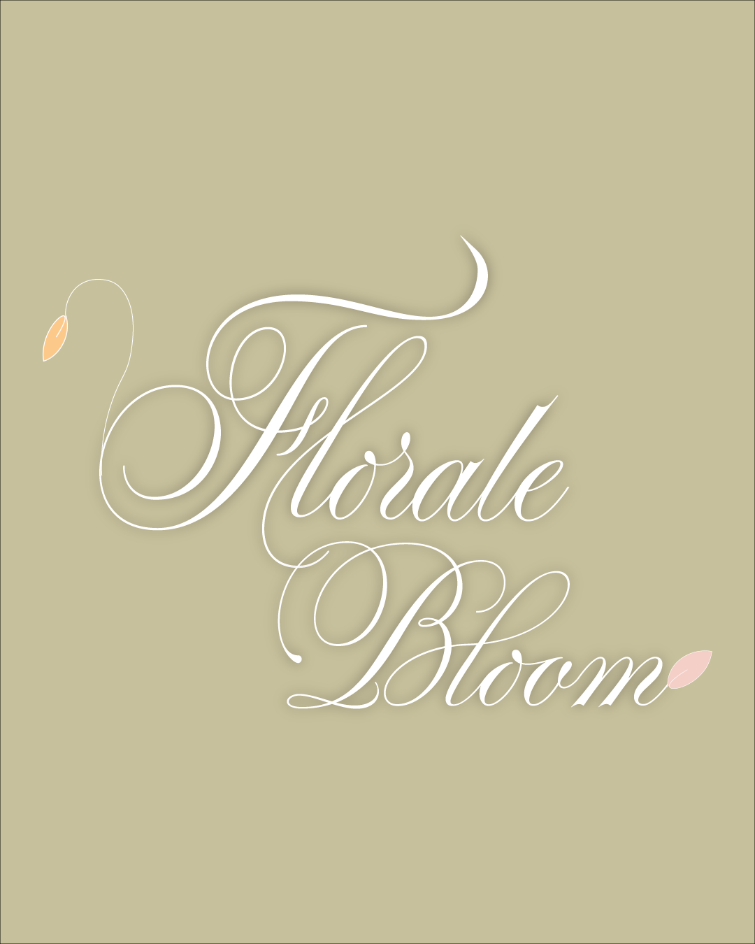 Stylized white script reading “Floral Bloom” on a muted beige background with small pastel petals