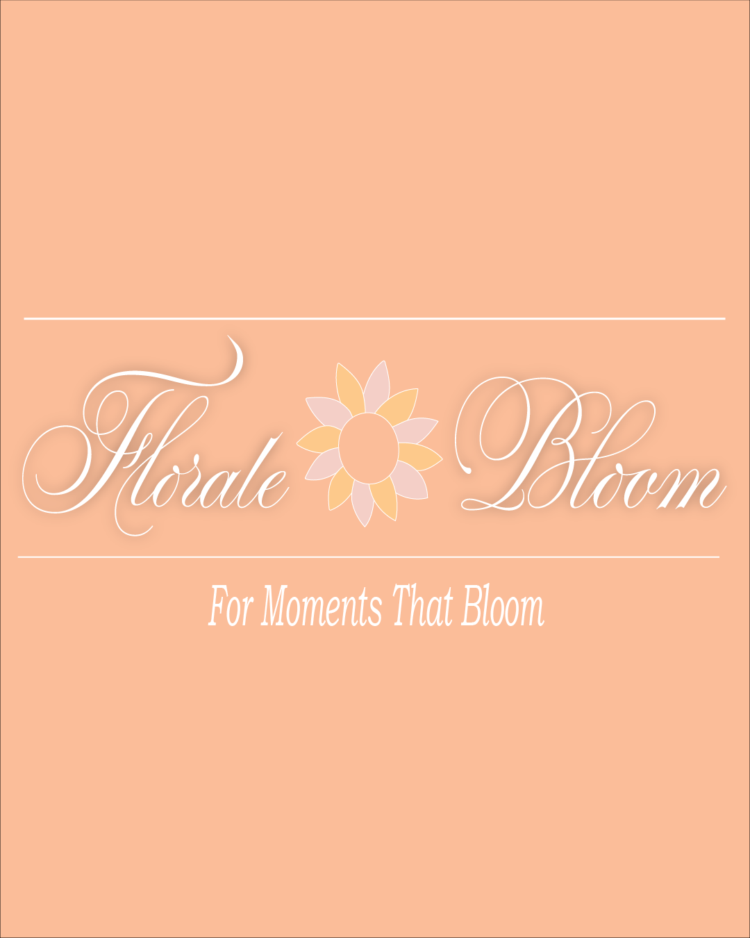 Soft peach background with elegant white “Floral Bloom” logo and the tagline “For Moments That Bloom.”