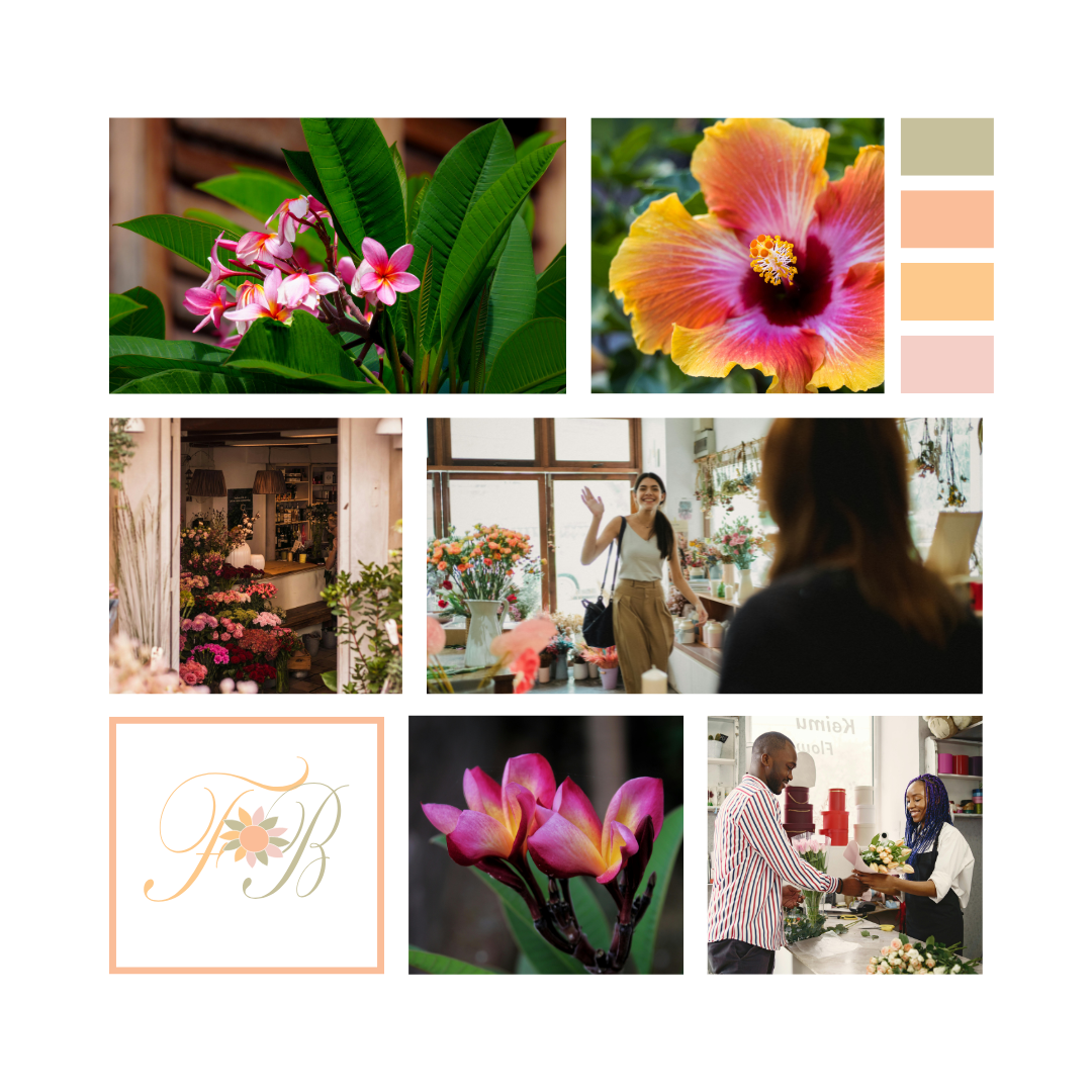 Collage of pink flowers, a florist shop, and people arranging bouquets in a bright flower shop
