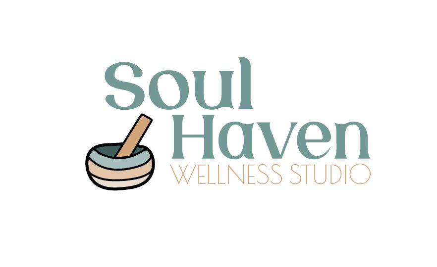Soul Haven Wellness Studio logo with teal and tan text and a singing bowl icon