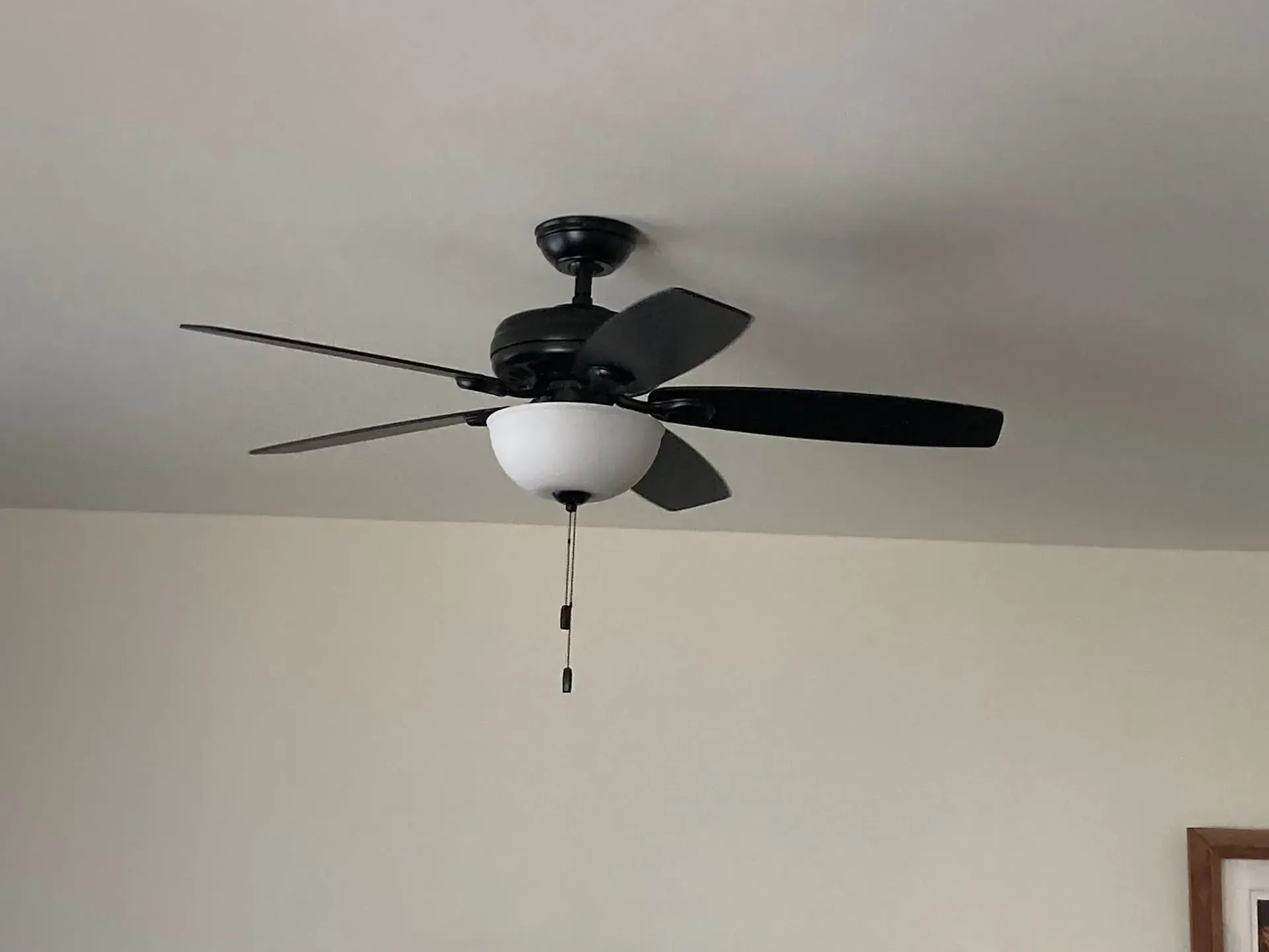 Black ceiling fan with five blades and a central light fixture, mounted on a white ceiling.