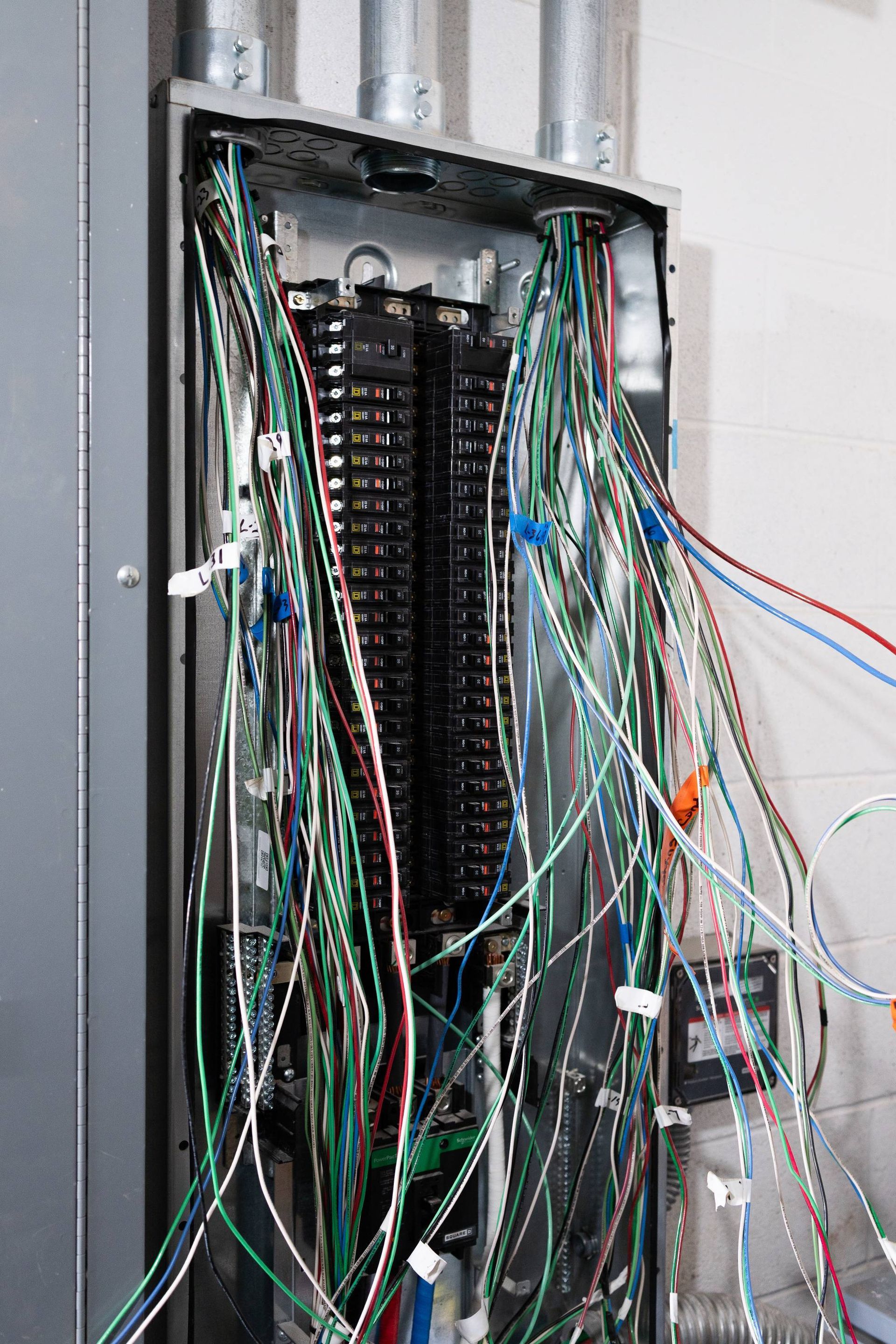 Open electrical panel with numerous wires; green, white, red, blue, and black.