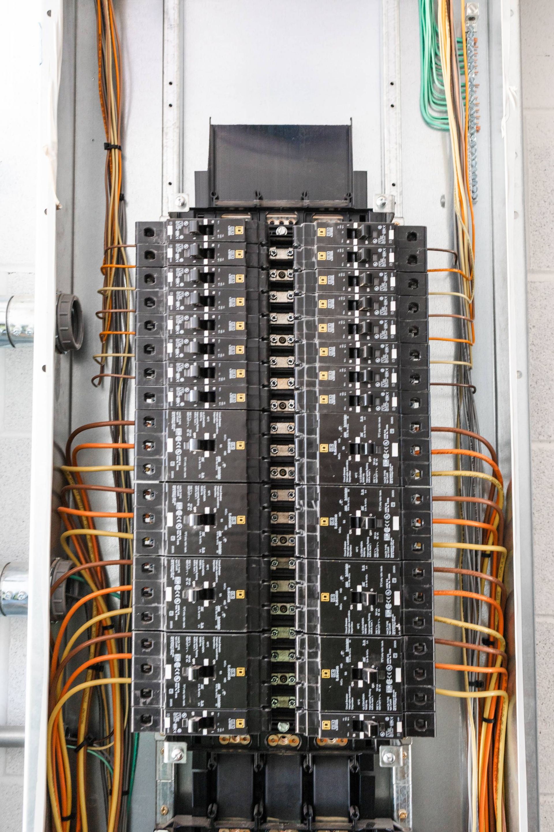 Electrical panel with rows of black circuit breakers and orange wiring.