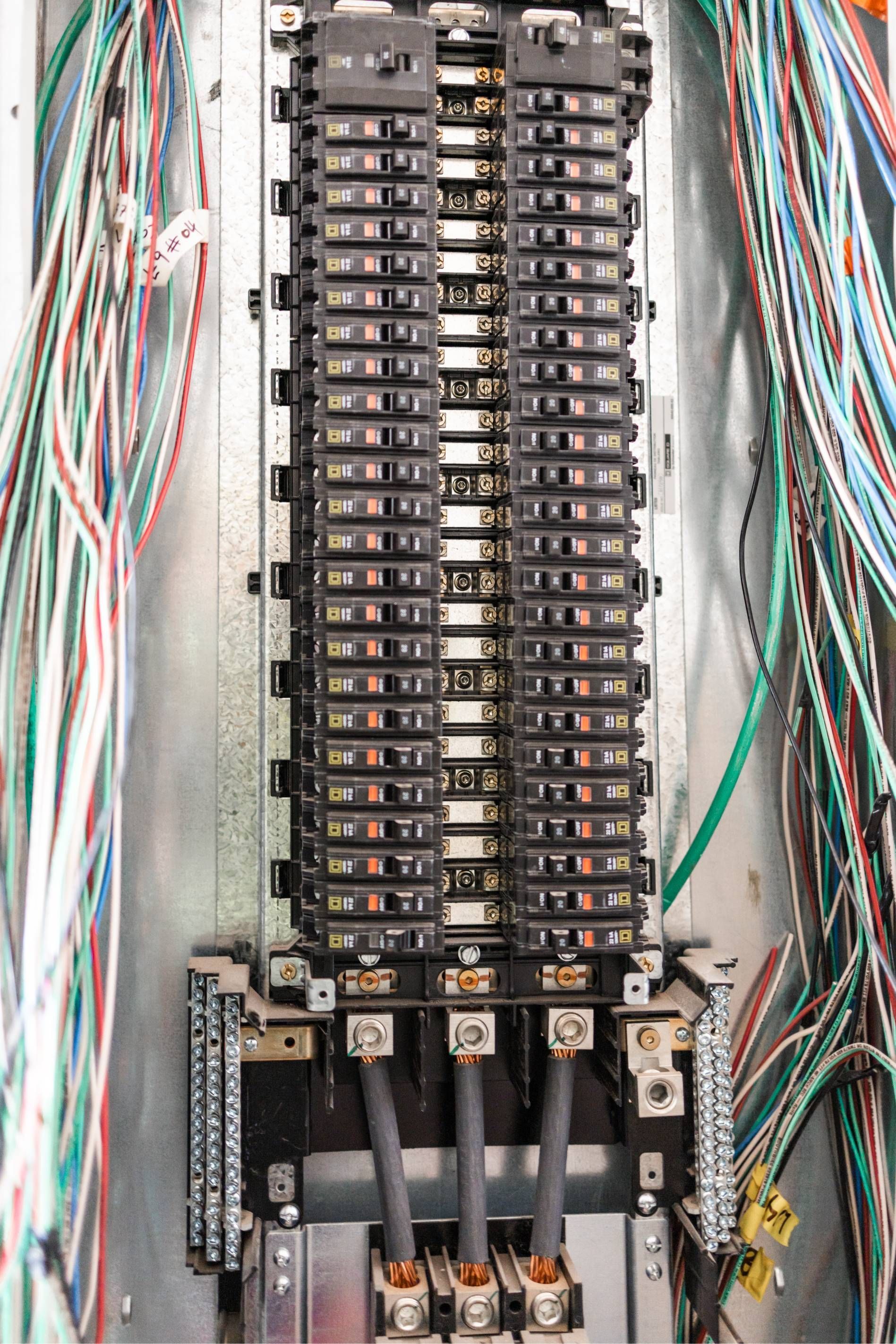 Electrical circuit breaker panel with wires.