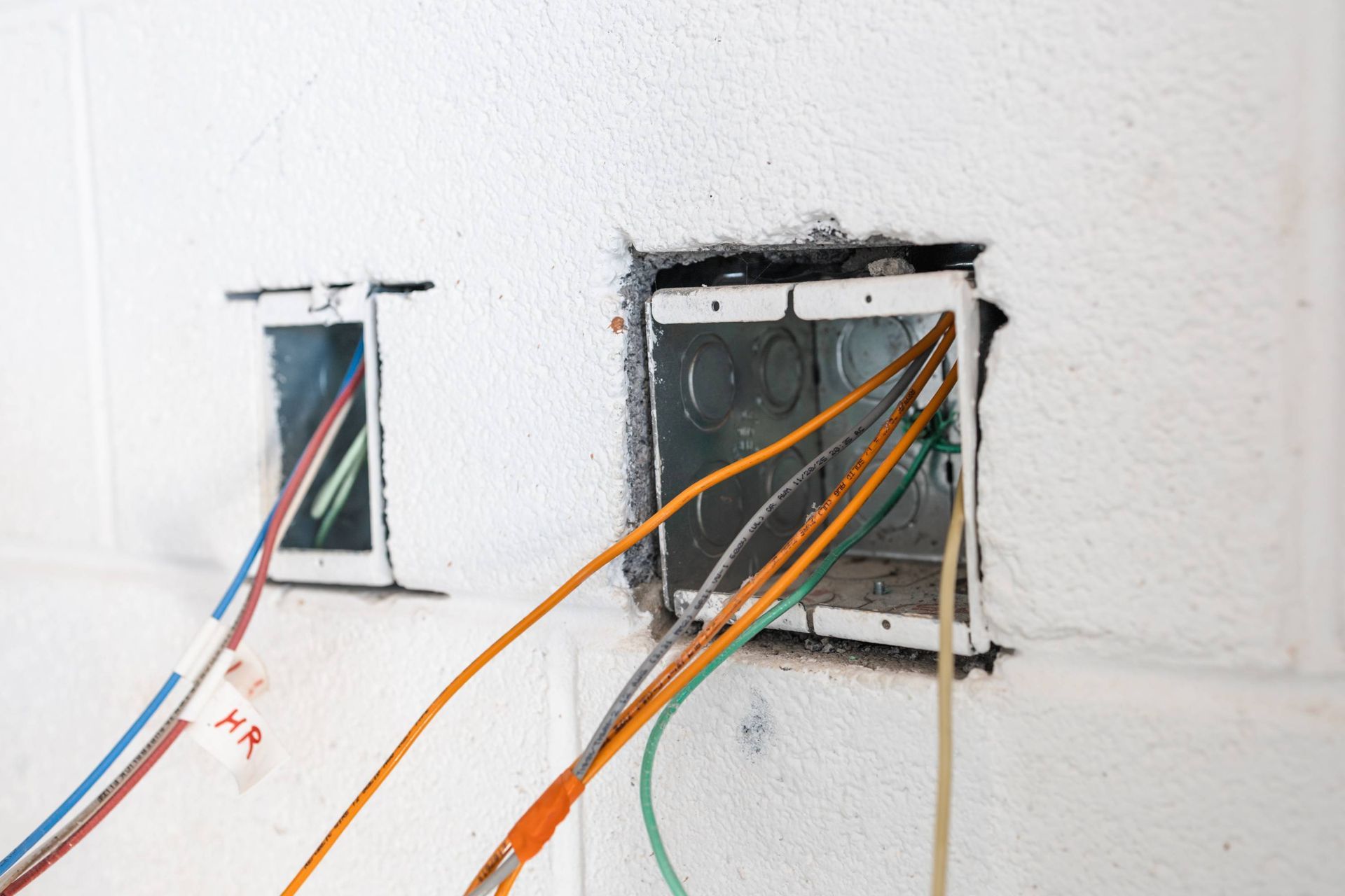 Electrical boxes with wires protruding from a white textured wall.