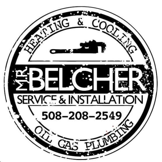Round black logo for Mr. Belcher: Heating & Cooling, Oil, Gas, Plumbing; with phone number 508-208-2549.